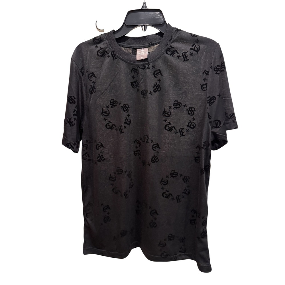 Saints & Sinners Mens Black Gothic Monogram Burnout Velvet T-Shirt Medium